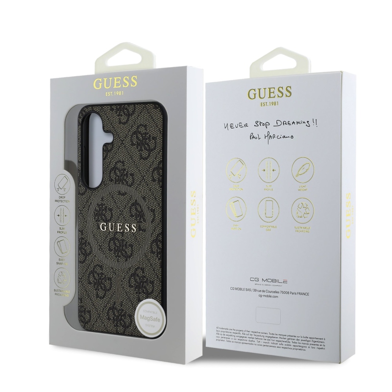 Guess PU bőr 4G színes gyűrűs MagSafe hátlap Samsung Galaxy S25 barna