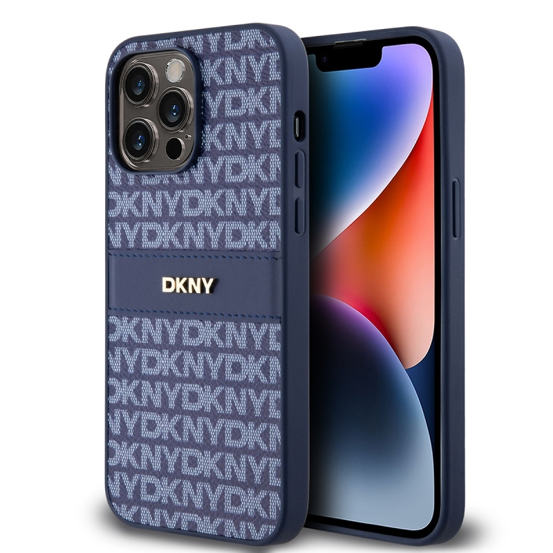 DKNY PU bőr ismétlődő mintás tonális csíkos hátlapi borító iPhone 14 Pro kékhez
