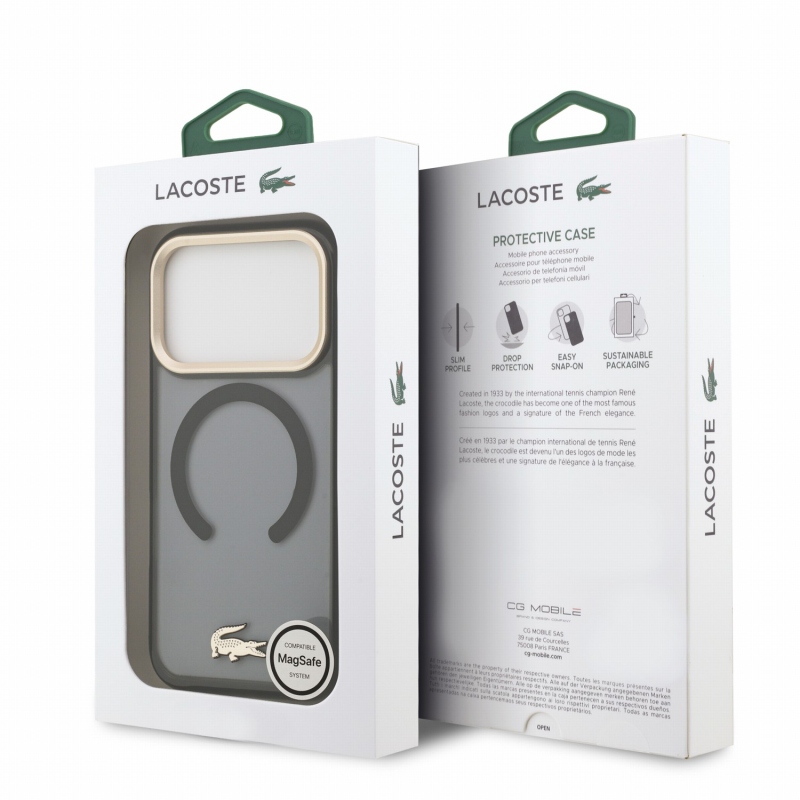 Lacoste IML ütésálló Petit Pique arany logós MagSafe hátsó tok iPhone 18 Pro-hoz, fekete