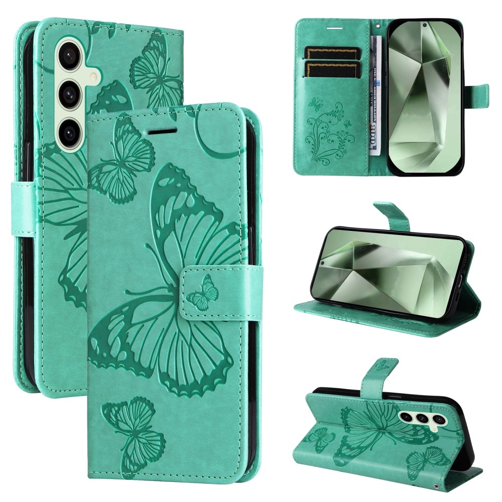 Nagy pillangó könyv tok Samsung Galaxy S24 FE készülékhez - kékeszöld színű
