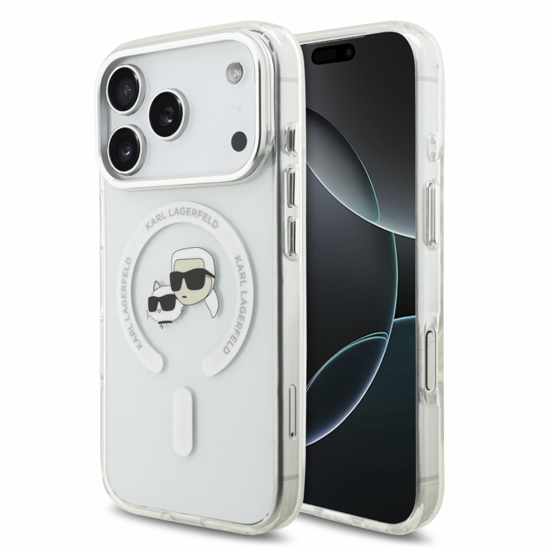 Karl Lagerfeld IML K&CH Heads fémkeretes MagSafe hátsó tok iPhone 18 Pro-hoz, fehér