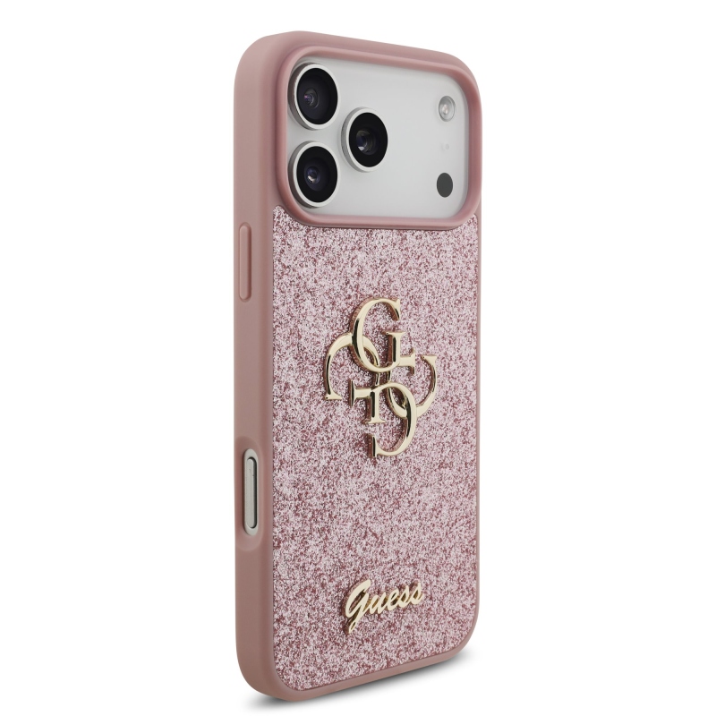 Guess PU Fixed Glitter 4G fém logós hátsó tok iPhone 18 Pro Max-hoz, rózsaszín