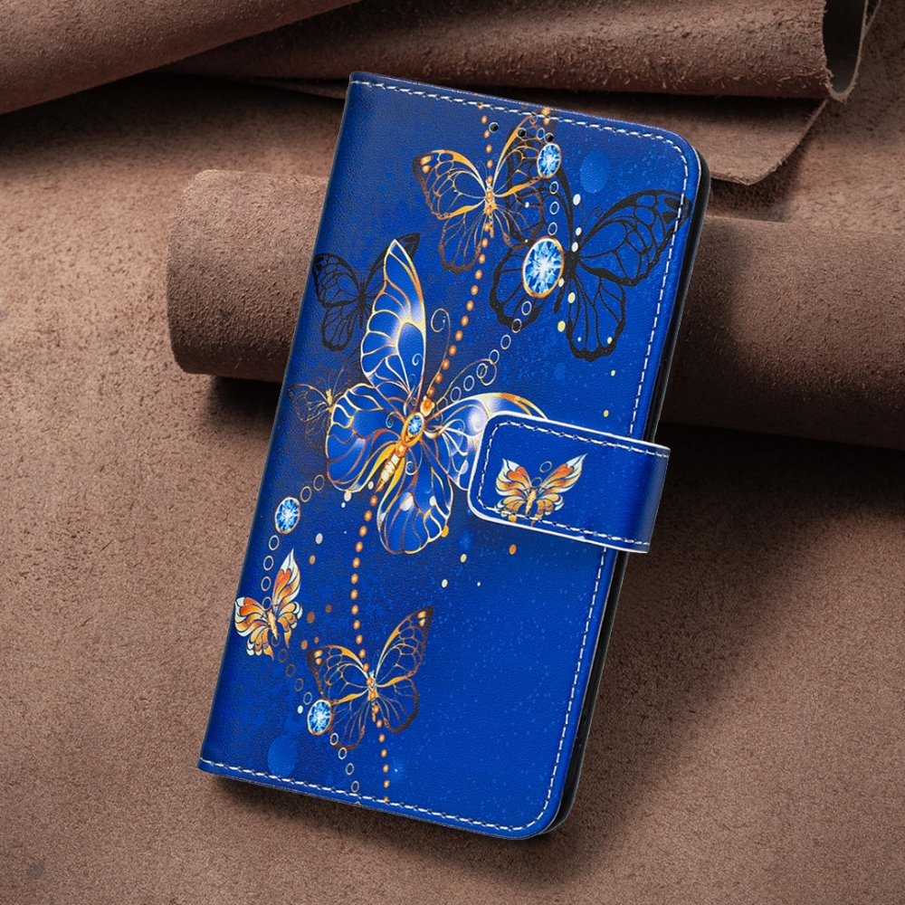 Nyomtatott könyvborítós mobiltelefon-tok a Xiaomi Redmi 17 4G/5G-hez – kék-arany pillangók