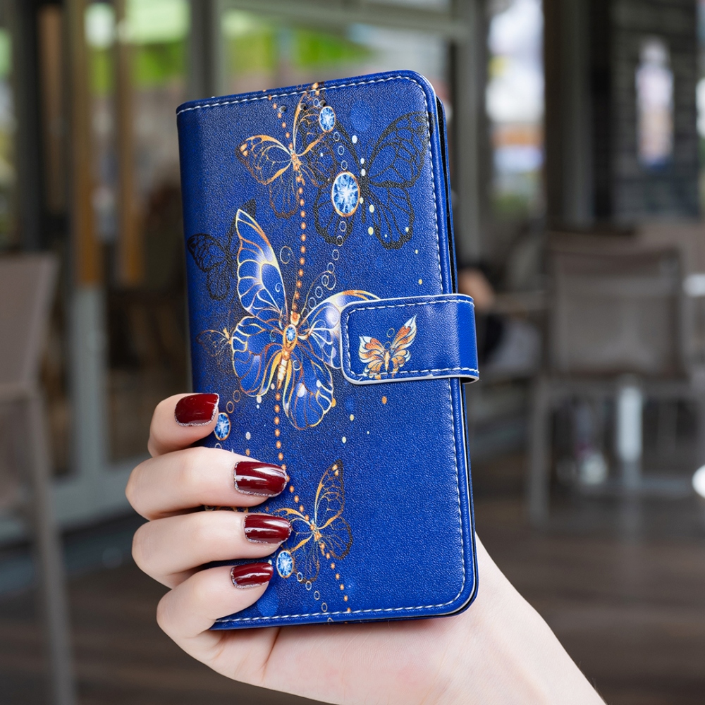 Nyomtatott könyvborítós mobiltelefon-tok a Xiaomi Redmi 17 4G/5G-hez – kék-arany pillangók