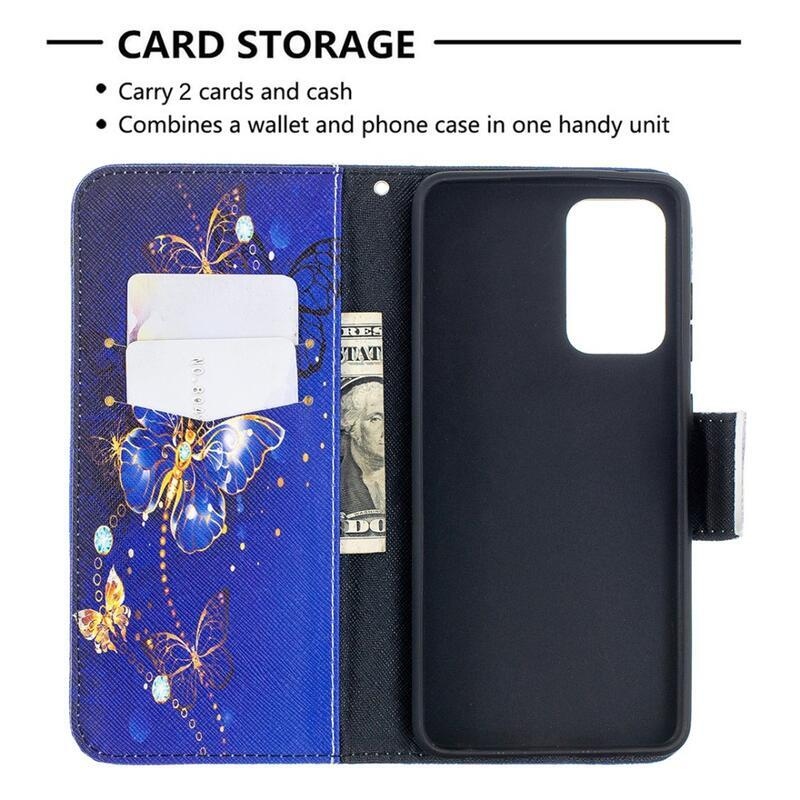Nyomtatott pénztárca tok Samsung Galaxy A52 5G/4G/A52s 5G - kék és arany lepkék
