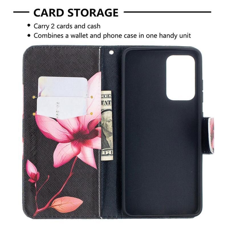 Nyomtatott pénztárca tok Samsung Galaxy A52 5G/4G/A52s 5G - rózsaszín virág