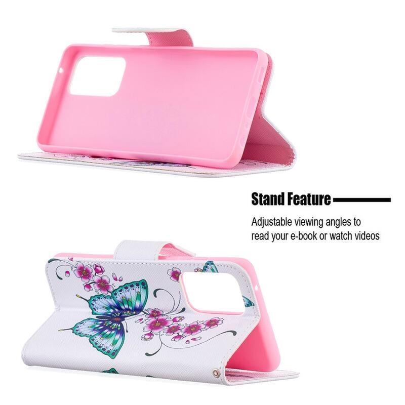 Nyomtatott pénztárca tok Samsung Galaxy A52 5G/4G/A52s 5G - zöld pillangók és virágok