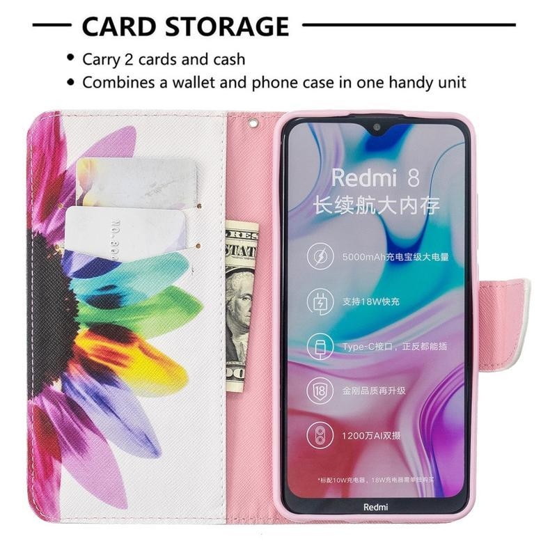 Nyomtatás PU bőr pénztárca tok Xiaomi Redmi 8-hoz - szirmok