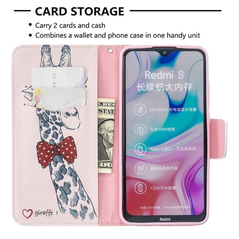 Nyomtatás PU bőr pénztárca tok Xiaomi Redmi 8-hoz - zsiráf szemüveggel