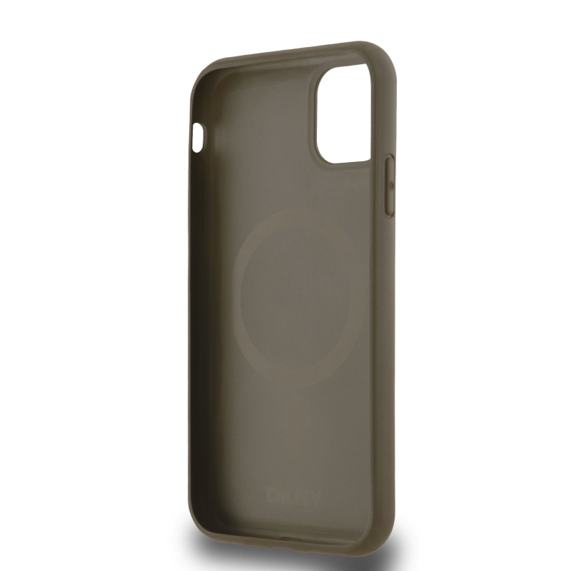 DKNY PU bőr ismétlődő mintás alsó csíkos MagSafe hátlap iPhone 11 barna színű borítóhoz