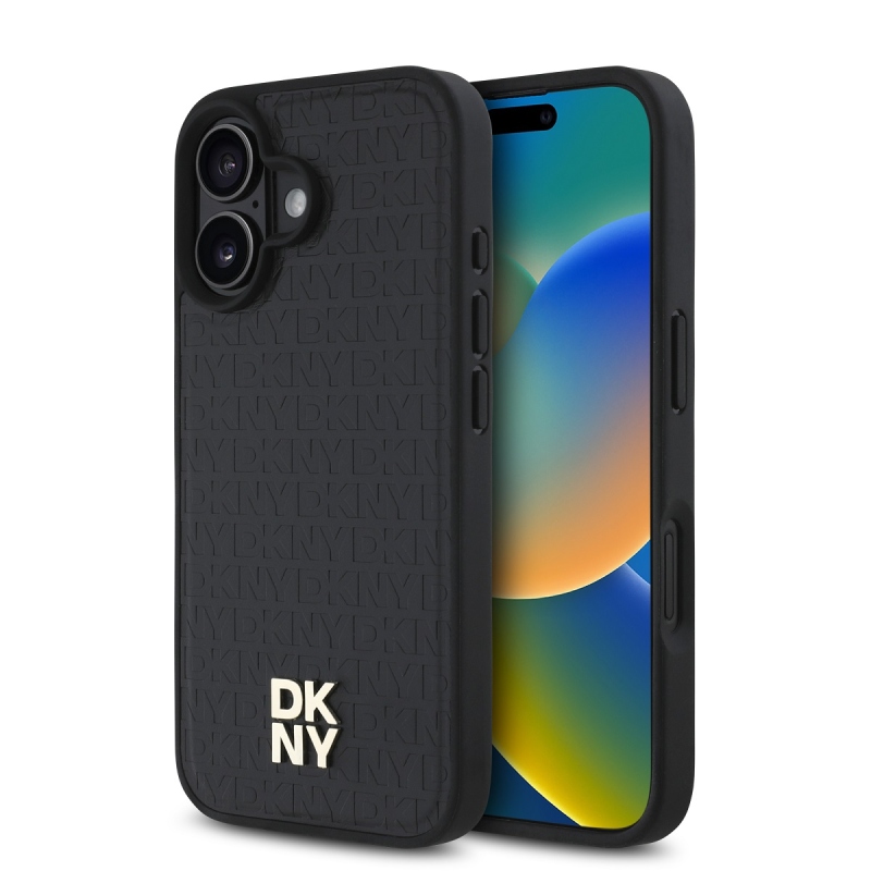 DKNY PU bőr Ismétlődő mintás Stack Logo MagSafe hátlap iPhone 16-hoz Fekete