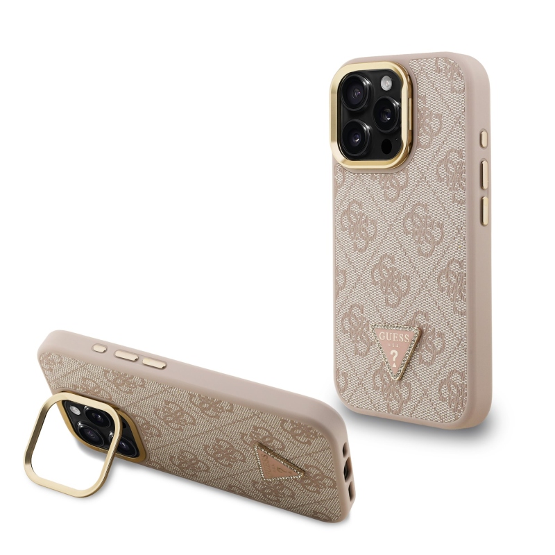 Guess PU 4G Strass háromszög logó állvány kamerakeret MagSafe hátlapi borító iPhone 15 Pro Max rózsaszínhez