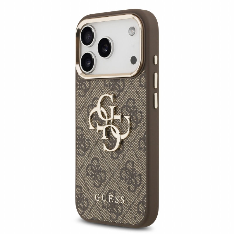 Guess PU 4G fém logós pántos hátlap az iPhone 18 Pro Max-hoz, barna