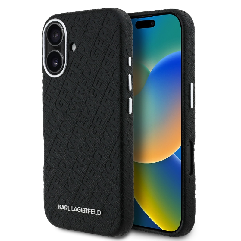 Karl Lagerfeld szemcsés PU ismétlődő logó MagSafe hátlap iPhone 16-hoz Fekete