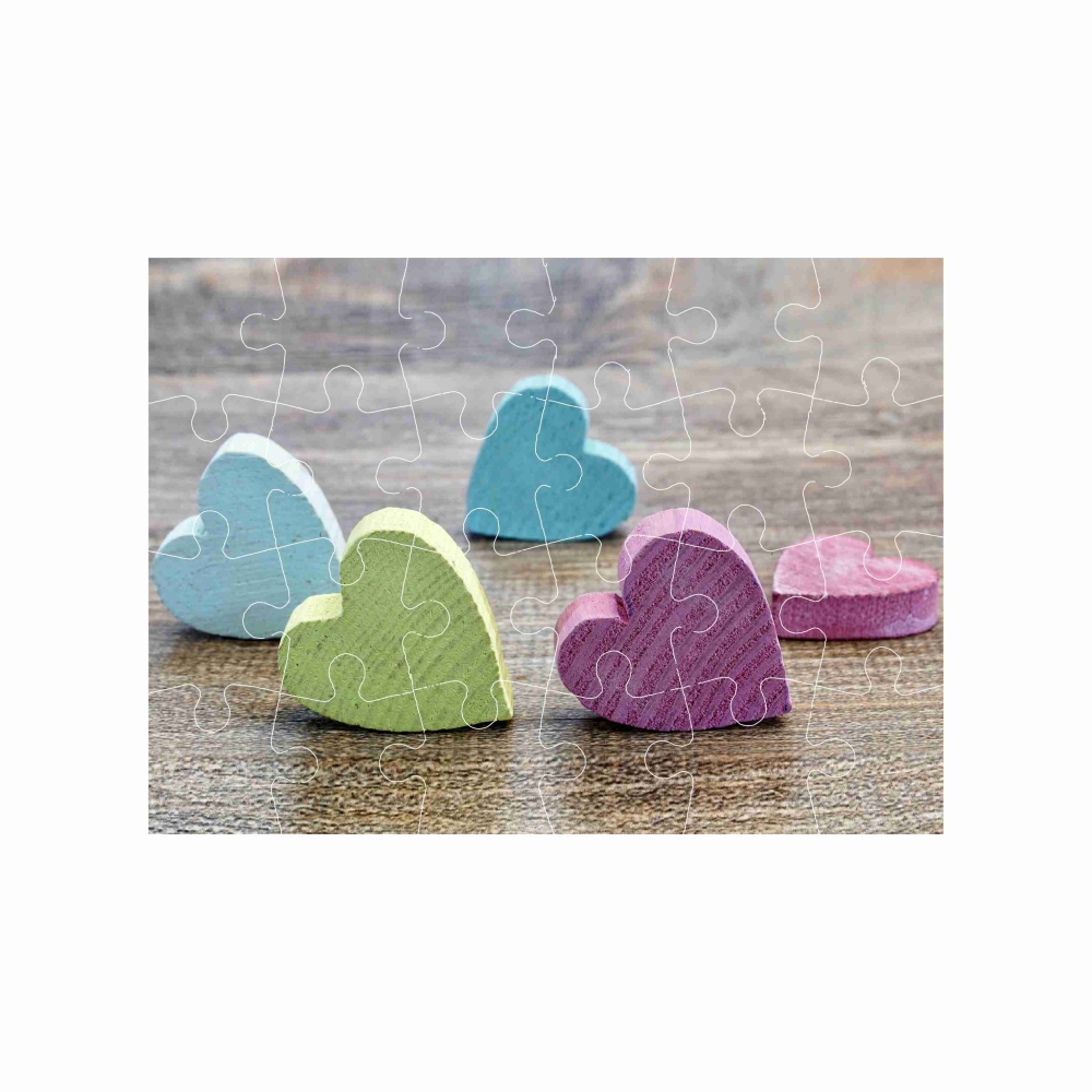 Puzzle 18x13cm (24 darab) képpel - fából készült szívek