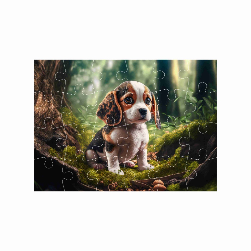 Puzzle 18x13cm (24 darab) képpel - kiskutya az erdőben