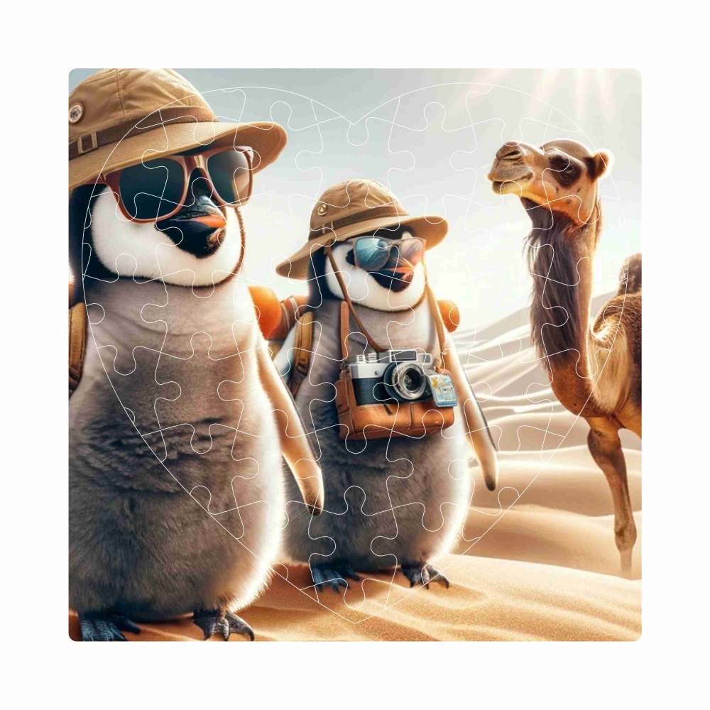 Puzzle 19x18cm szív alakú (76 darab) képpel - pingvinek a sivatagban