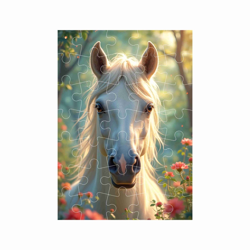 Puzzle 27x19,5cm (35 darabos) képpel - fehér ló virágok között