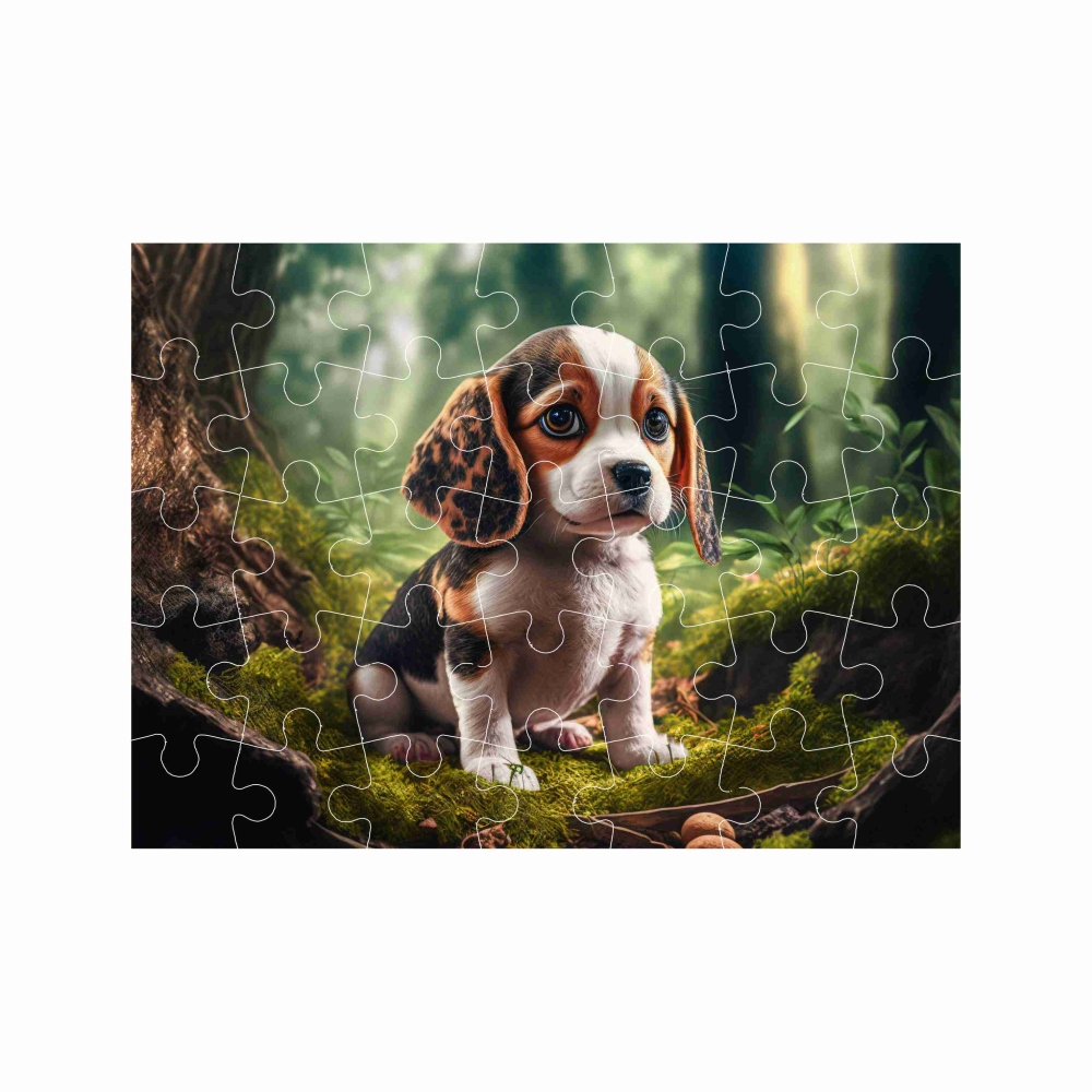 Puzzle 27x19,5cm (35 darab) képpel - kiskutya az erdőben