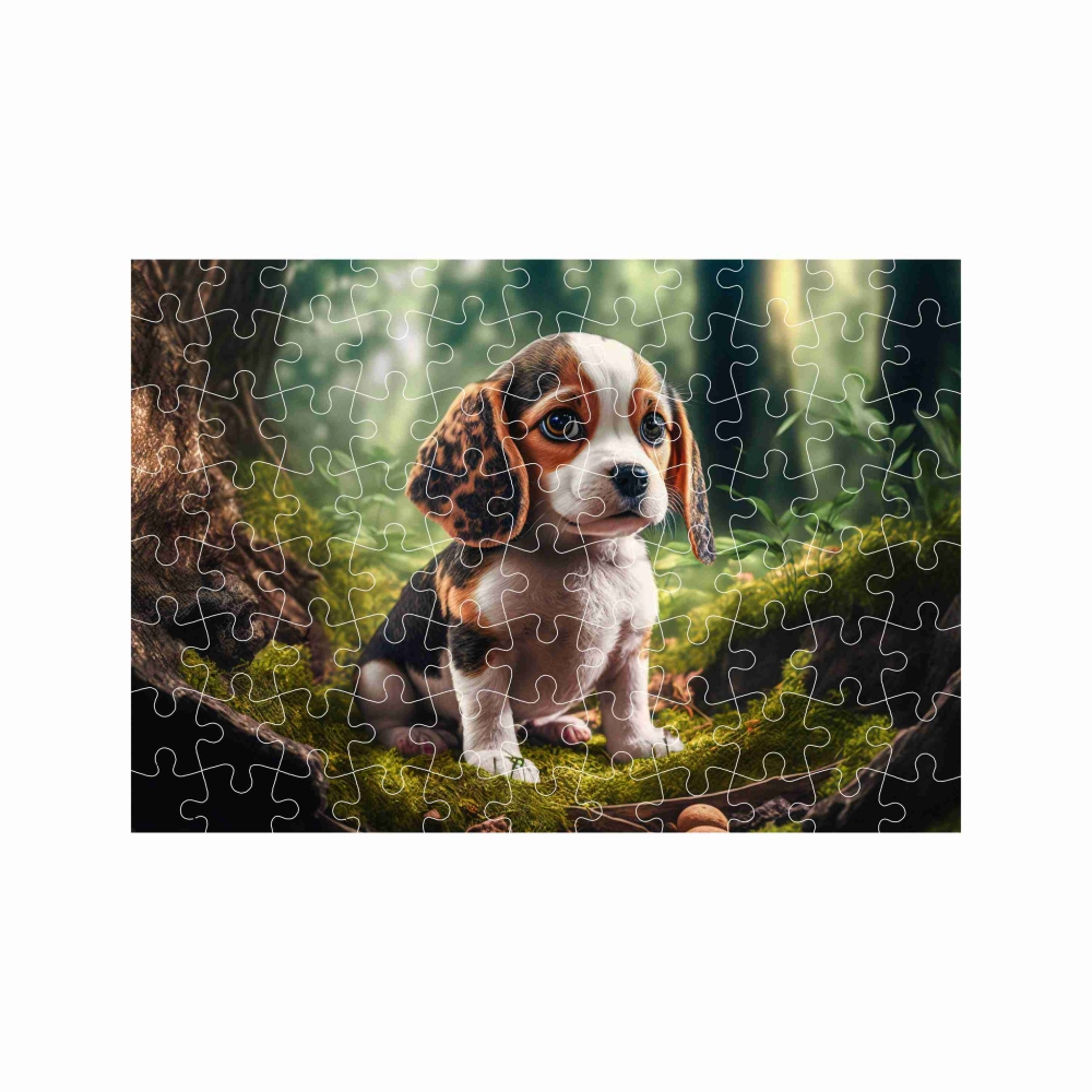A4-es puzzle 29x20cm (120 darab) képpel - kiskutya az erdőben