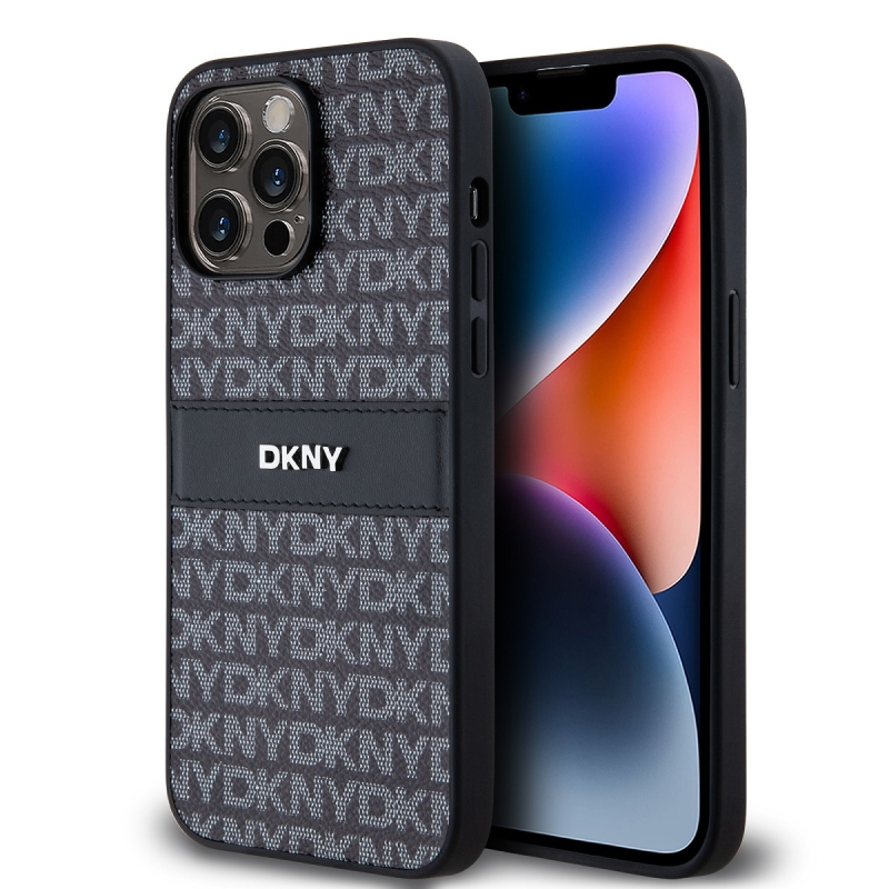 DKNY PU bőr ismétlődő mintás tonális csíkos hátlapi borító iPhone 14 Pro Fekete