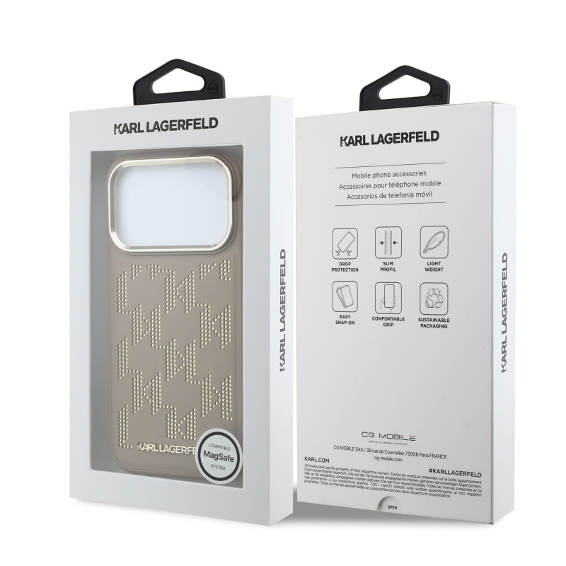 Karl Lagerfeld PU perforált Monogram MagSafe hátlap az iPhone 17 Pro-hoz, bézs színben