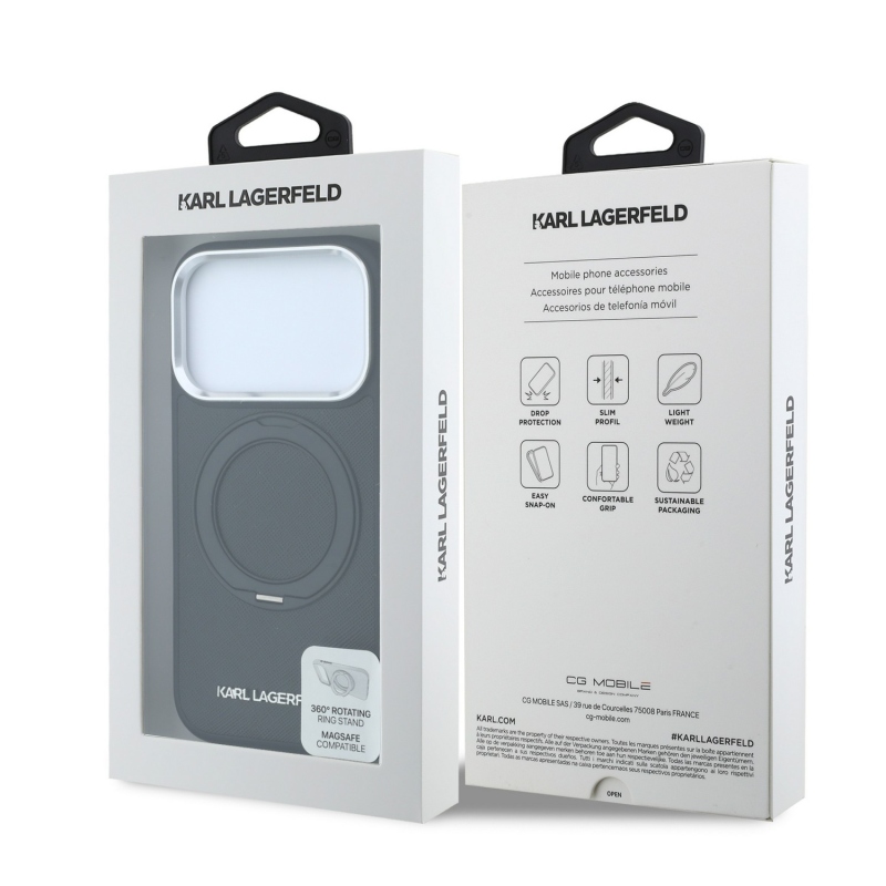 Karl Lagerfeld PU Saffiano gyűrűs állványos MagSafe hátsó tok iPhone 18 Pro Max-hoz, fekete