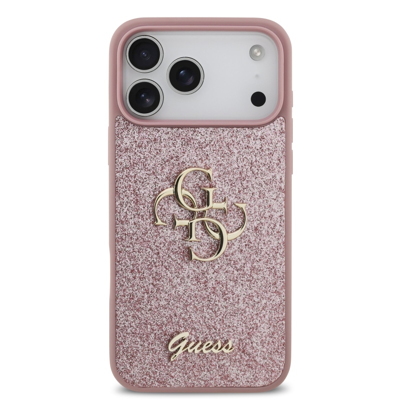 Guess PU Fixed Glitter 4G fém logós hátsó tok iPhone 18 Pro Max-hoz, rózsaszín