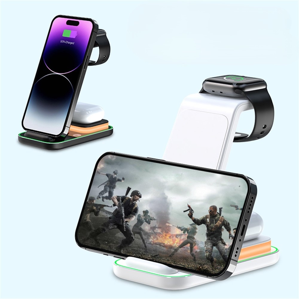 YF-A6 3 az 1-ben 15 W-os vezeték nélküli töltőállomás éjszakai fénnyel - fekete