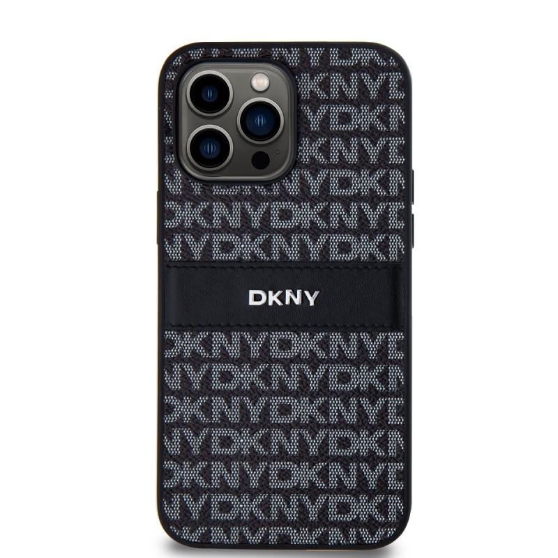DKNY PU bőr ismétlődő mintás tonális csíkos hátlapi borító iPhone 14 Pro Fekete