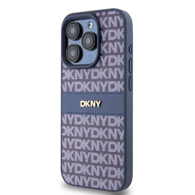 DKNY PU bőr ismétlődő mintás tonális csíkos hátlapi borító iPhone 15 Pro Max kékhez