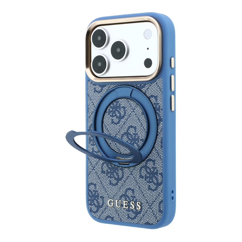 Guess PU 4G Ring Stand MagSafe hátsó tok iPhone 18 Pro-hoz, kék