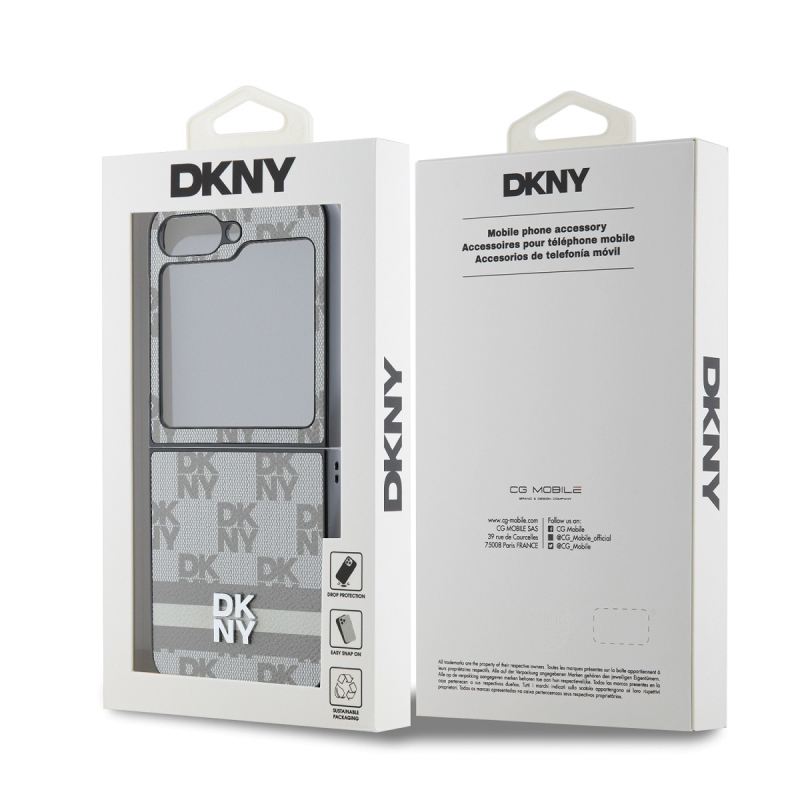 DKNY PU bőr kockás mintás és csíkos hátsó borító Samsung Galaxy Z Flip 6 bézs színűhöz