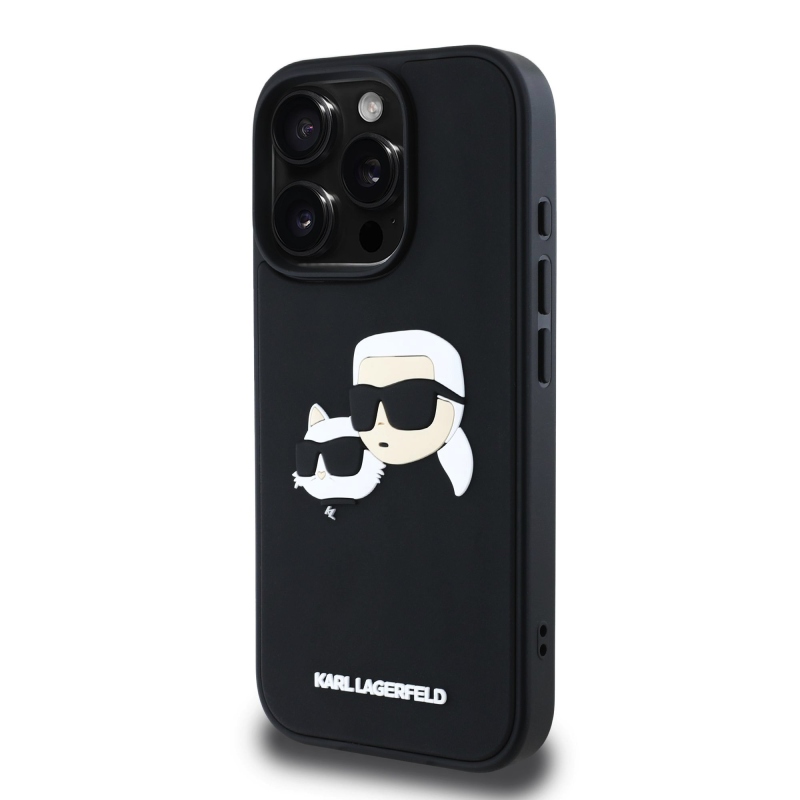 Karl Lagerfeld 3D gumiból készült duplafejű hátlap az iPhone 16 Pro készülékhez Fekete