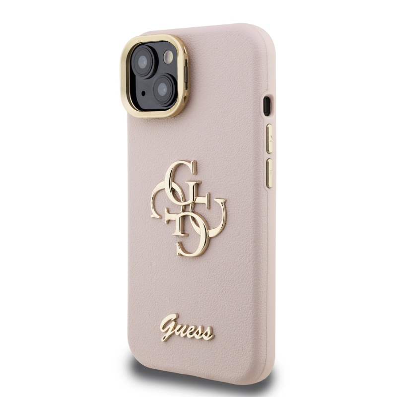 Guess PU szemcsés 4G Logo Stand Kamera keret hátlapi borító iPhone 15 rózsaszínhez