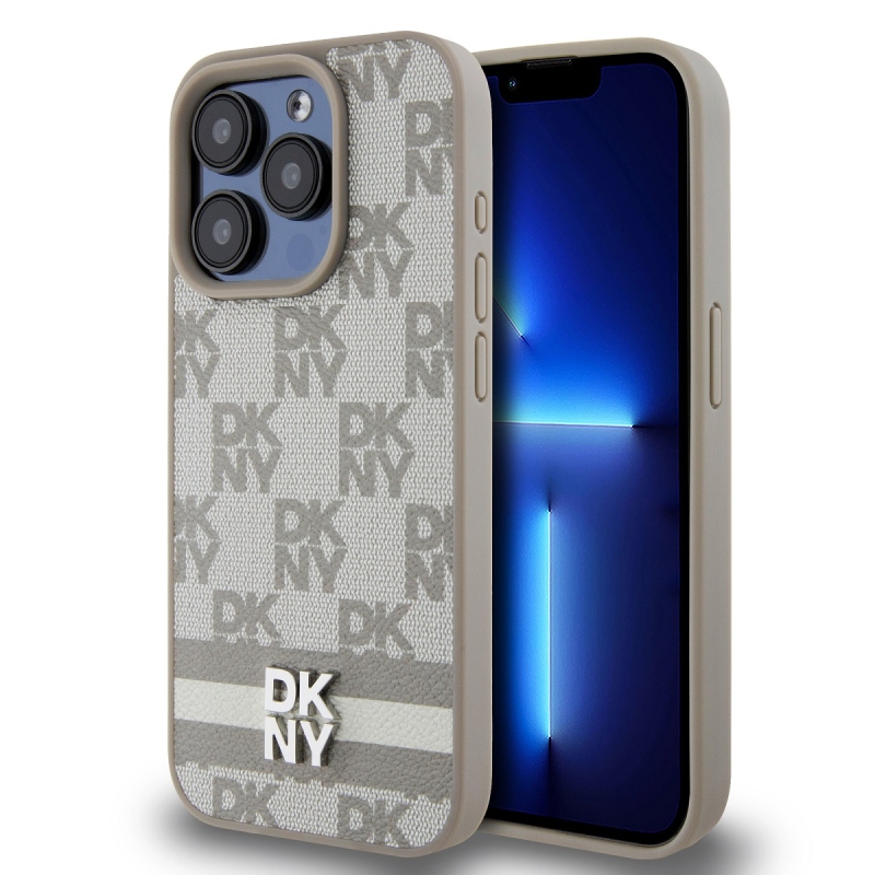 DKNY PU bőr kockás mintás és csíkos hátlapi borító iPhone 15 Pro bézs színű készülékhez