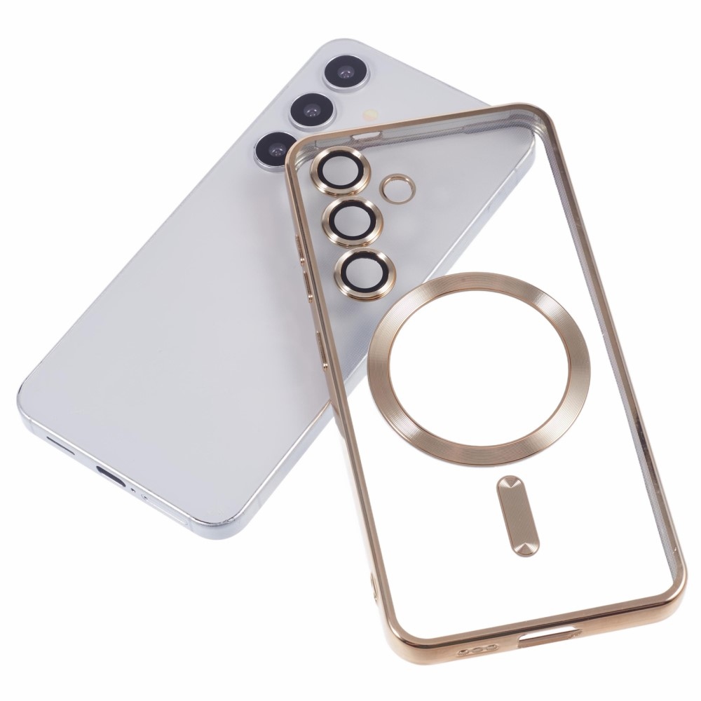 Átlátszó tok kameravédelemmel és MagSafe támogatással Samsung Galaxy S25 készülékhez - arany színben