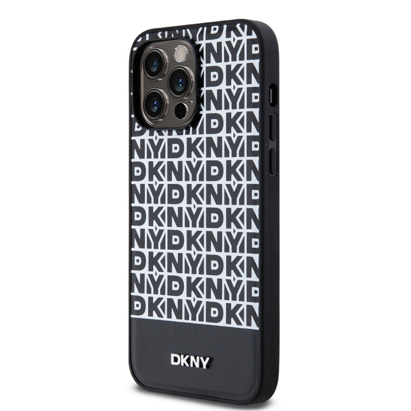 DKNY PU bőr ismétlődő mintás alsó csíkos MagSafe hátlap iPhone 15 Pro Max-hoz Fekete