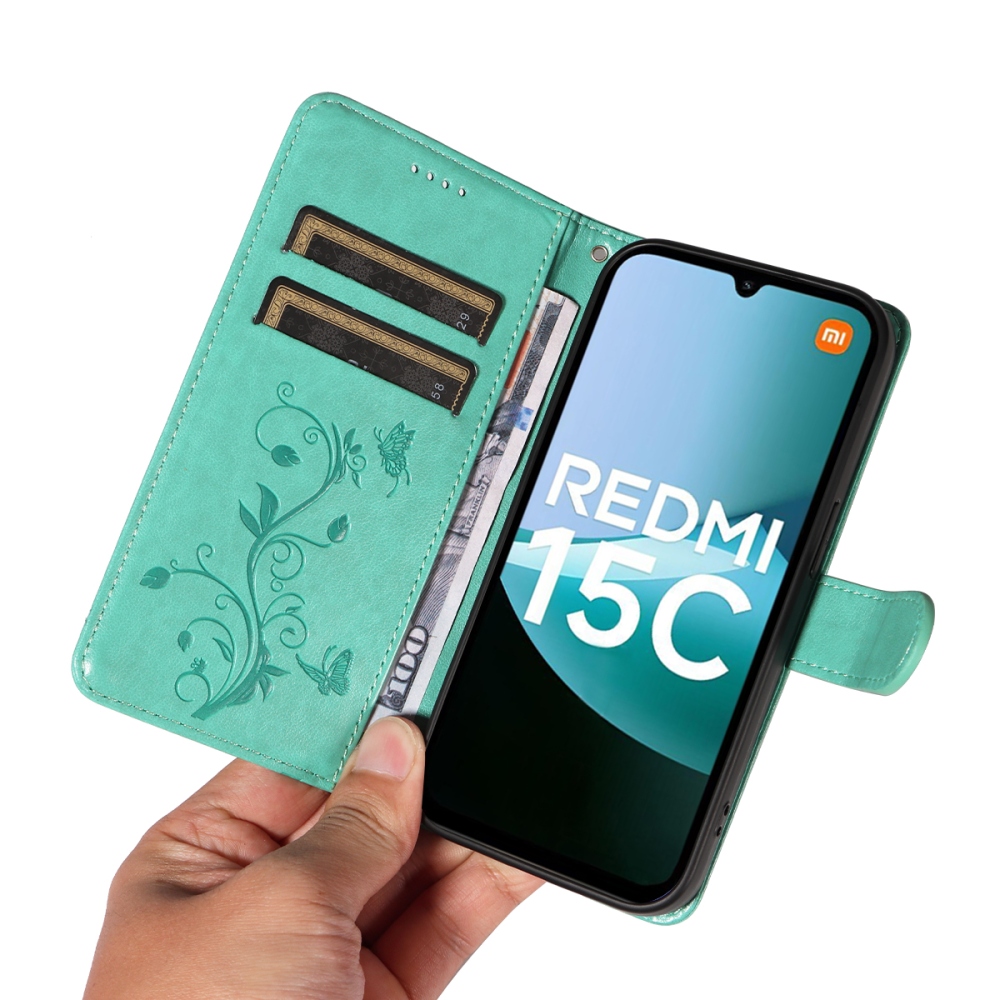 Virágok könyv tok Xiaomi Redmi 15C 4G/5G (173mm) - teáskék színben