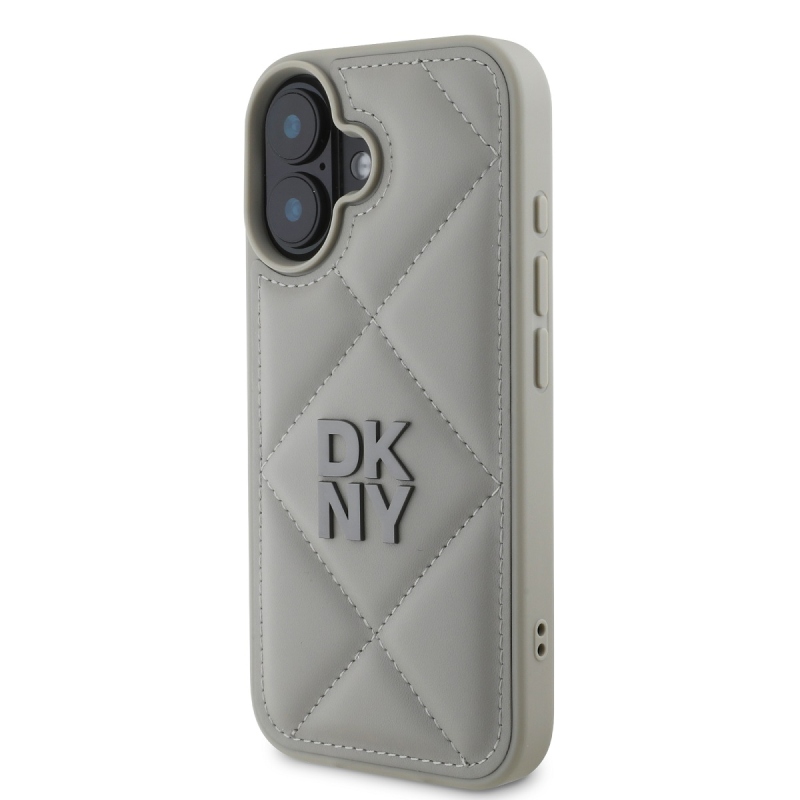 DKNY PU bőr steppelt stack logós hátlap iPhone 16 Plus készülékhez Szürke