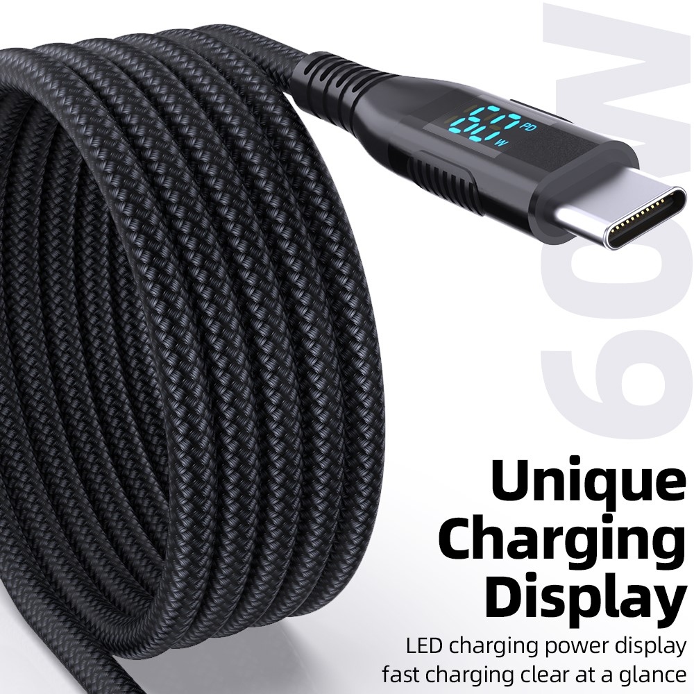 Nejlon USB-C / USB-C kijelzőkábellel 3m 60W - fekete