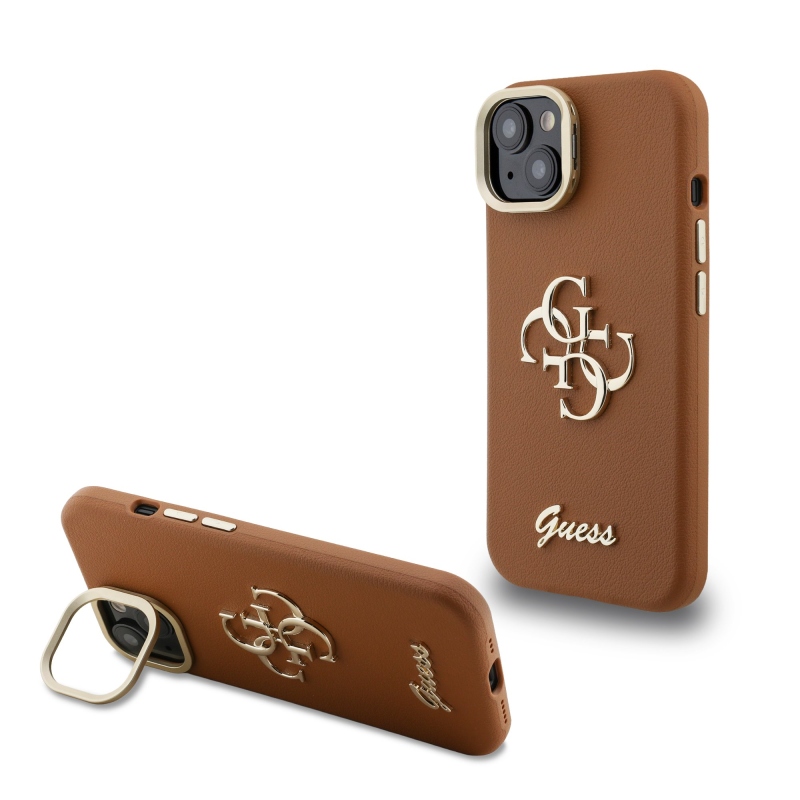 Guess PU szemcsés 4G Logo Stand Kamera keret hátlapi borító iPhone 13-hoz Barna barna