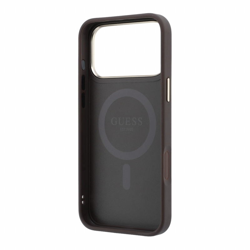 Guess PU 4G Ring Stand MagSafe hátsó tok iPhone 18 Pro Max-hoz, barna