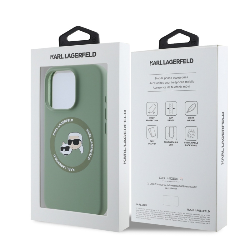 Karl Lagerfeld Liquid Silicone K&CH Heads MagSafe hátlapi borító iPhone 16 Pro készülékhez Khaki színű