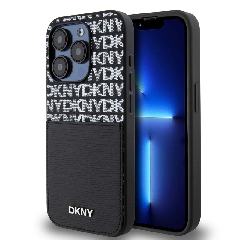 DKNY PU bőr Ismétlődő mintás kártya zseb hátsó borító iPhone 14 Pro Fekete