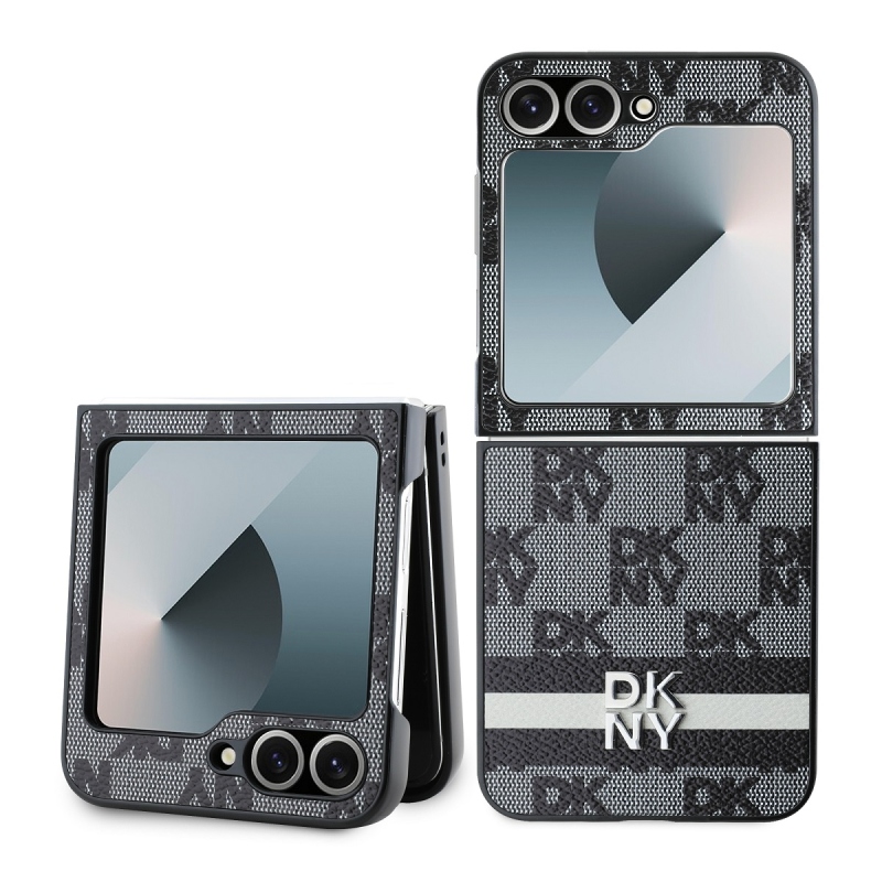 DKNY PU bőr kockás mintás és csíkos hátsó borító Samsung Galaxy Z Flip 6 Fekete