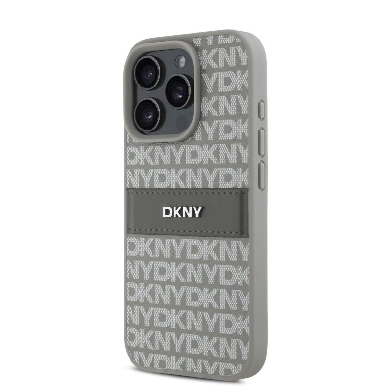 DKNY PU bőr ismétlődő mintás tonális csíkos hátlapi borító iPhone 16 Pro bézs színűhöz