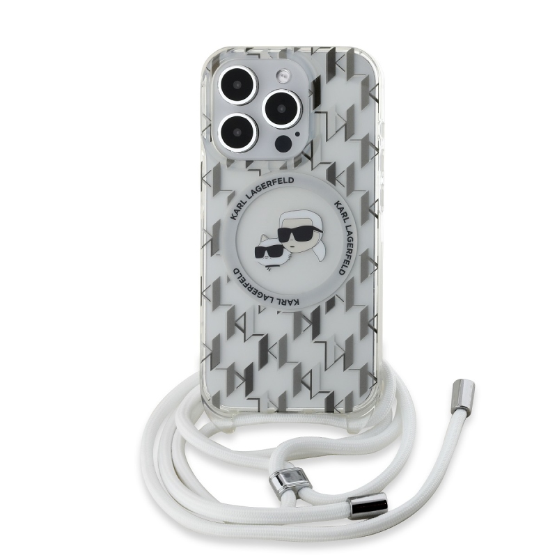 Karl Lagerfeld IML Monogram Kereszttest K&CH Heads MagSafe hátlap iPhone 15 Pro Max-hoz Átlátszó