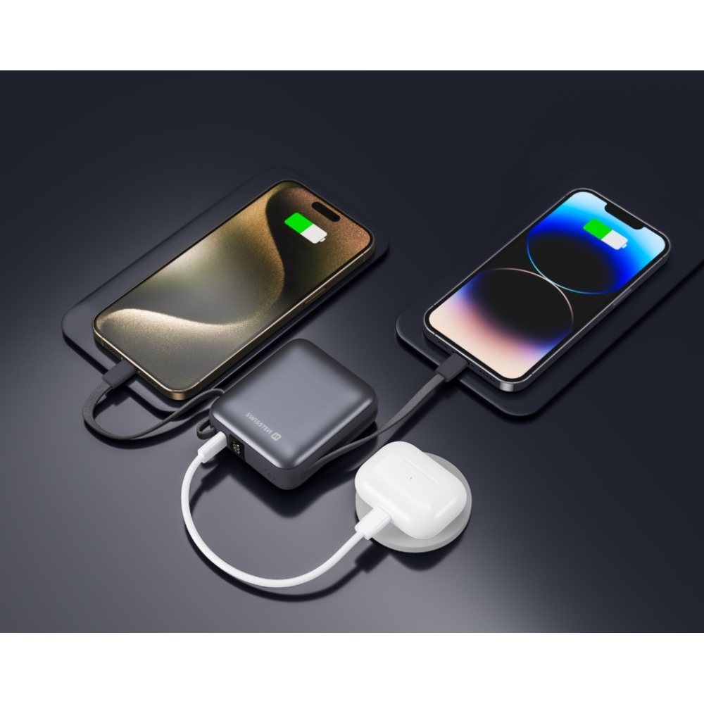 Swissten Powerbank integrált USB-C és Lightning kábelekkel, 10000 mAh - ezüst