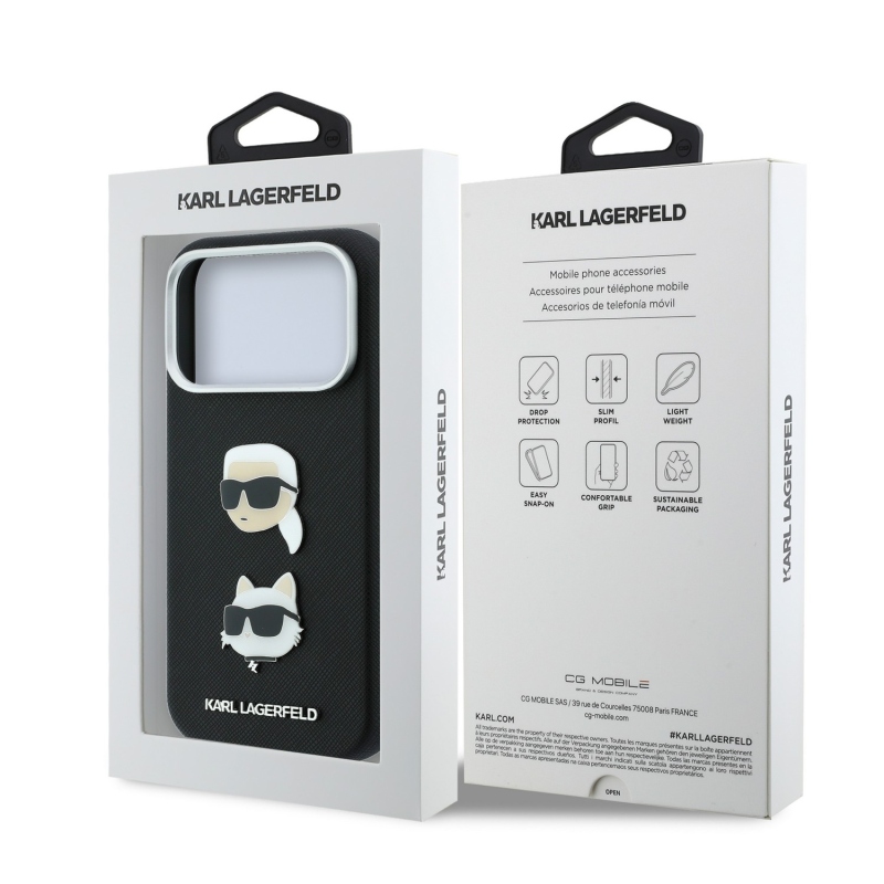 Karl Lagerfeld PU Semi Wrap Saffiano K&CH Heads hátsó tok iPhone 18 Pro-hoz, fekete